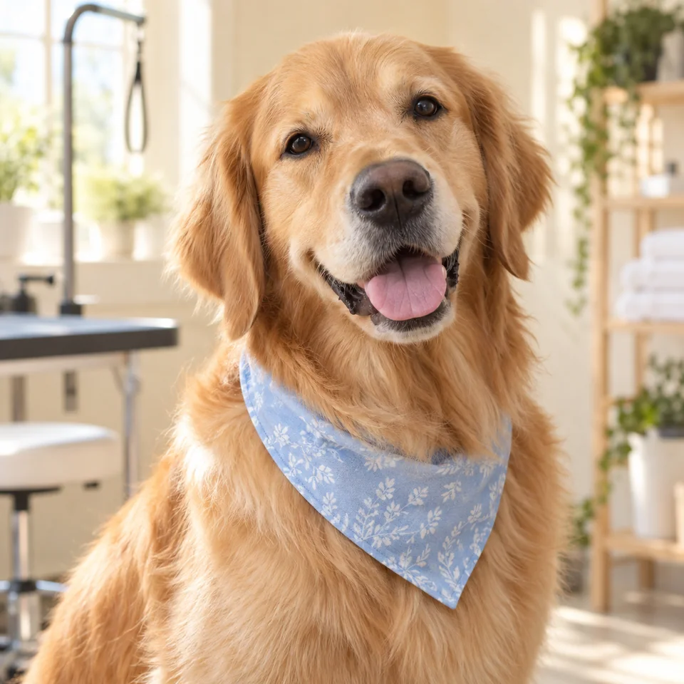 Golden retriever Biscuit wearing a pale blue bandana