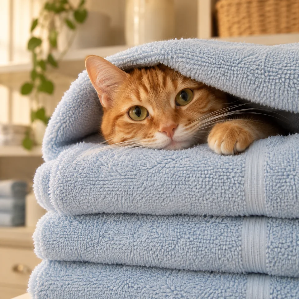 Orange tabby Clementine peeking from a stack of blue towels