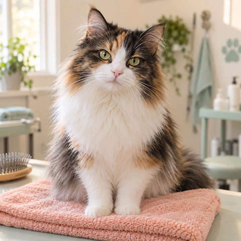 Fluffy calico cat Juniper sitting on a peach towel