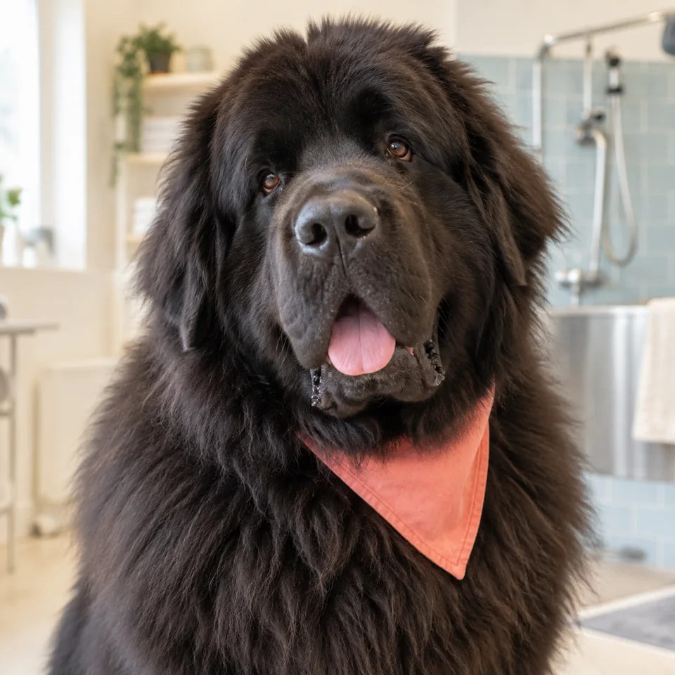 Large black Newfoundland Moose wearing a coral bandana