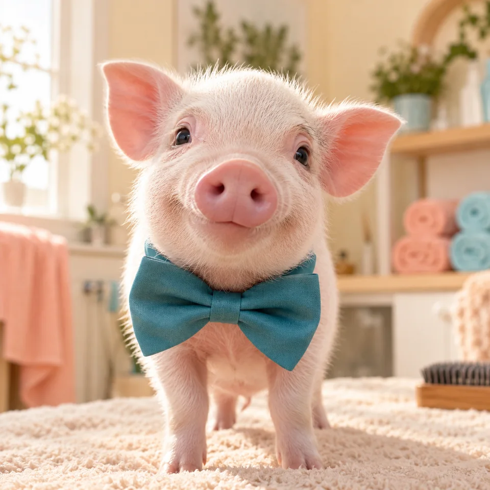 Tiny pink pig Mr. Wiggles wearing an oversized teal bow tie