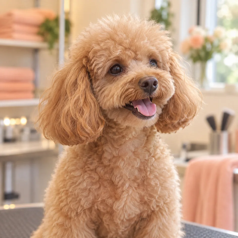 Apricot toy poodle Olive smiling after her groom