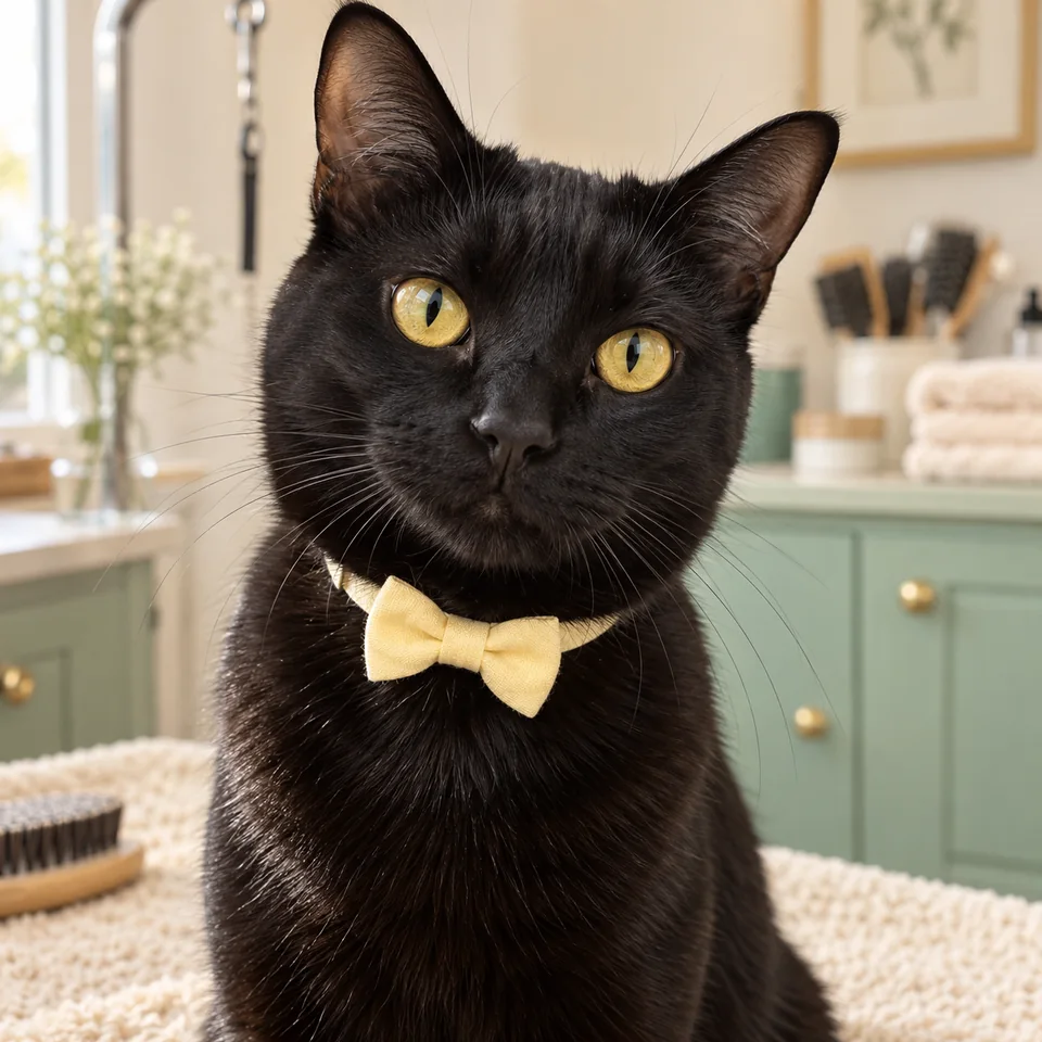 Black cat Pickles wearing a small butter yellow bow tie